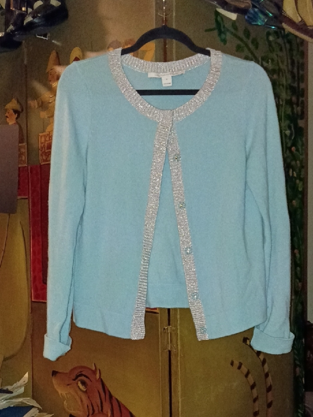 Vintage Diane VonFurstenberg Light Blue Cashmere Cardigan with Sparkle Trim